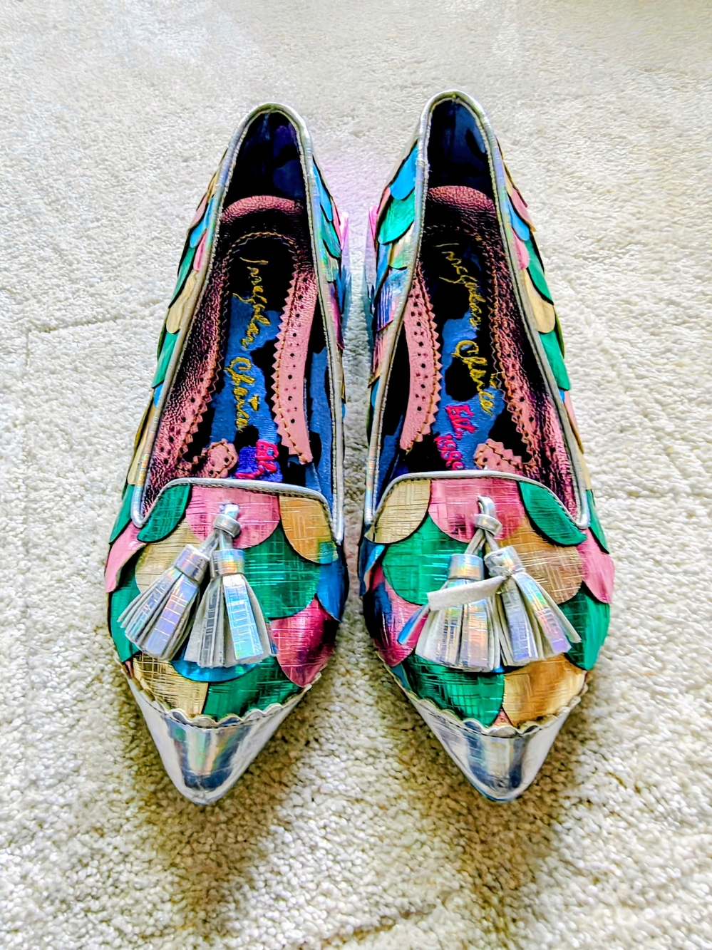 Irregular Choice Multicolor Pointed Tassel Flats - Green Pink Blue Gold